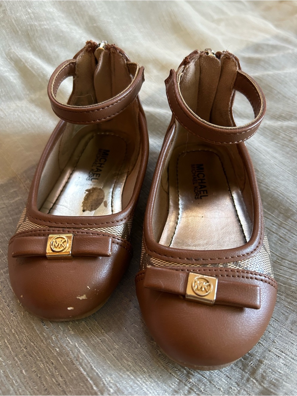 Michael Kors Girls Brown Ankle-Strap Bow Flats with Gold MK Accent
